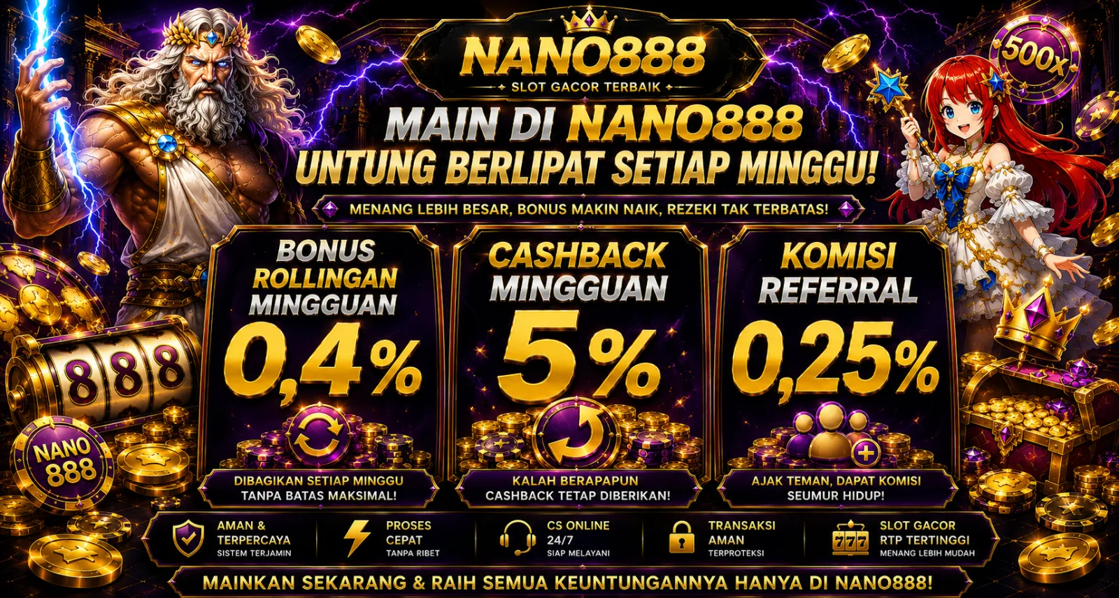 Rollingan 0,4%, cashback 5% dan komisi referral 0,25% setiap minggu di nano888